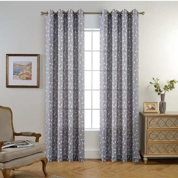 Floral Embroidered Semi Sheer Curtains Faux Linen Grommet Curtain Panels 52 x 95 - Picture 2 of 15